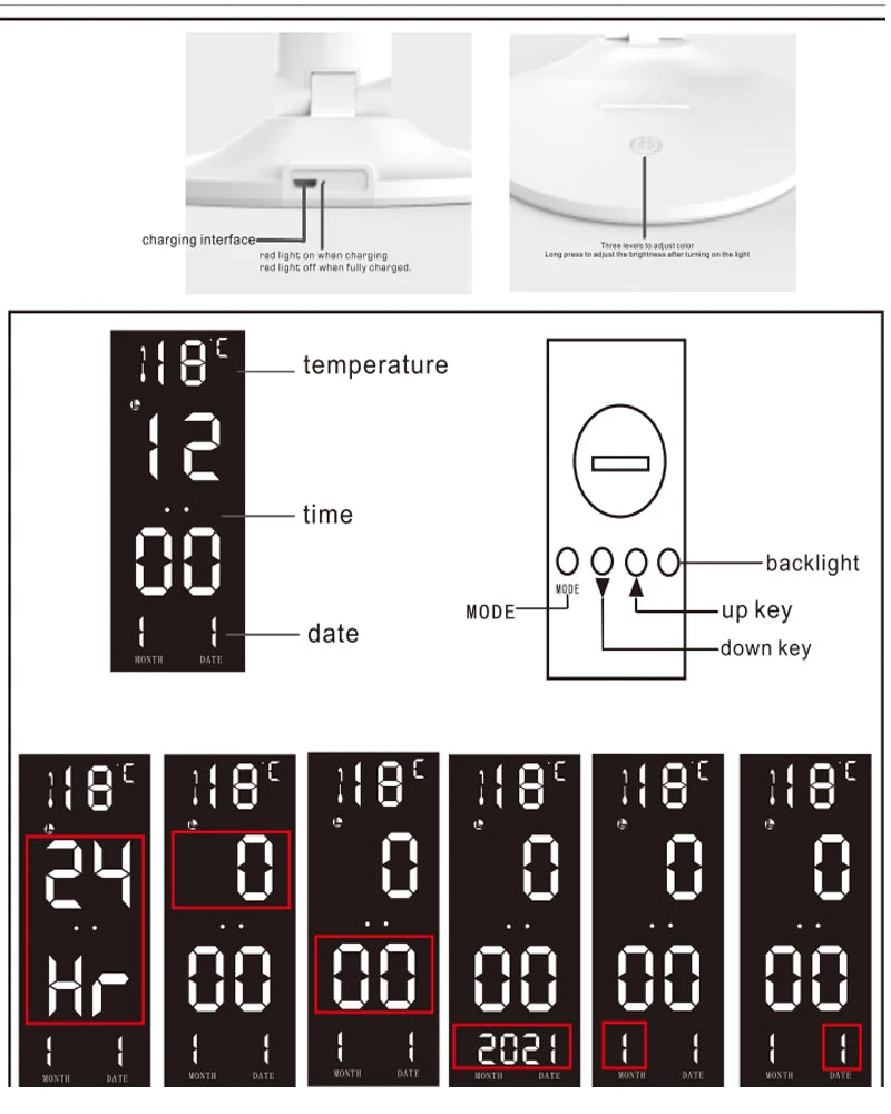 LED Desk Lamp with Clock & 180° Rotation